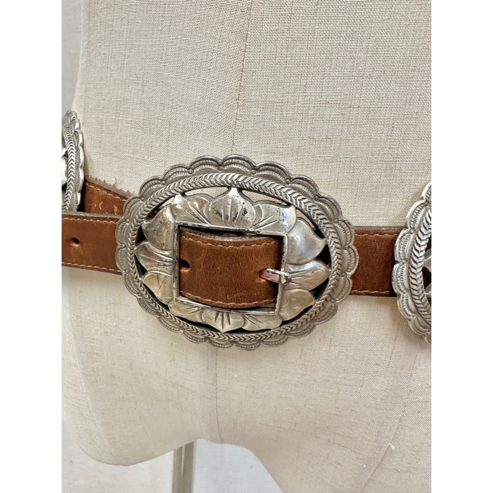 Vintage '93 Brown Leather Sunflower Silver Concho Belt Womens Large Southwestern - Picture 4 of 16